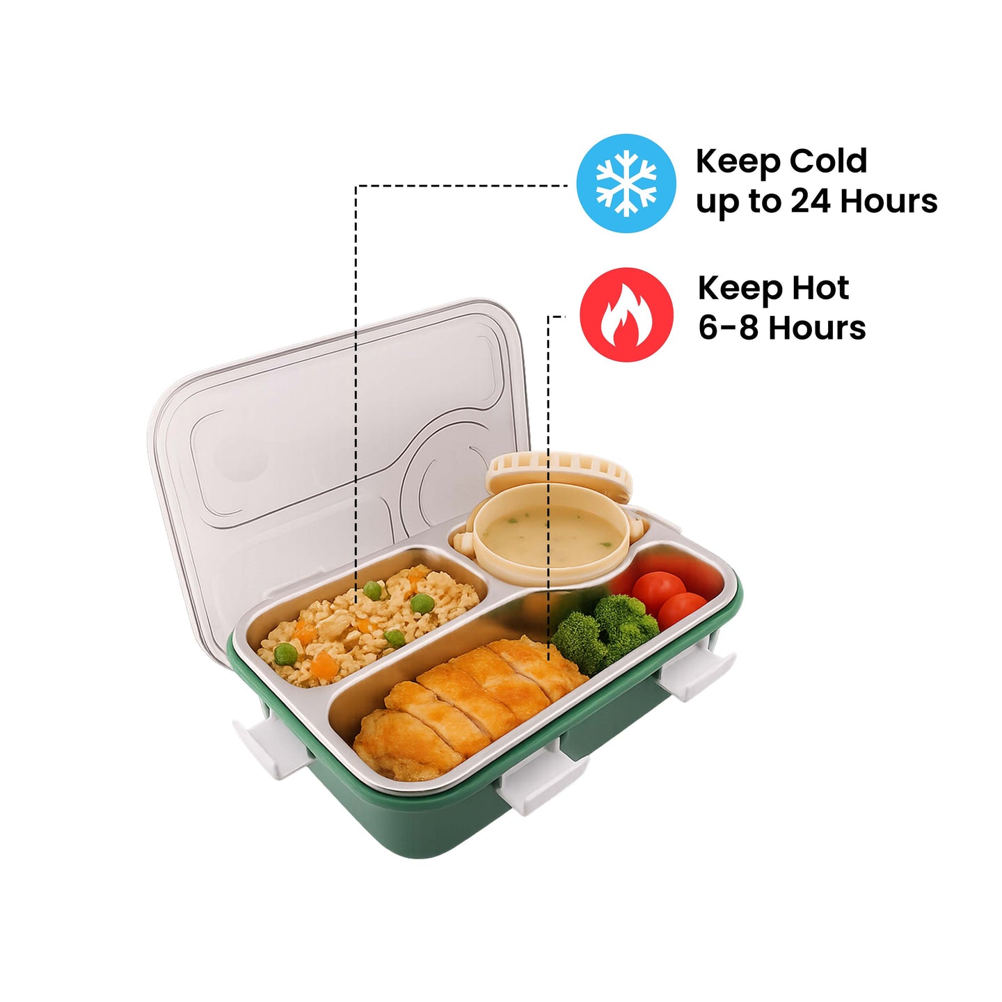 Cravista Stainless Steel Bento Lunch Box with Soup Bowl 3-Compartments Insulated Tiffin Box for Adults Kids| Leak Proof Lunch Box Multifunctional